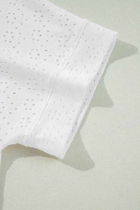 White Eyelet Pattern Boat Neck Casual Tee