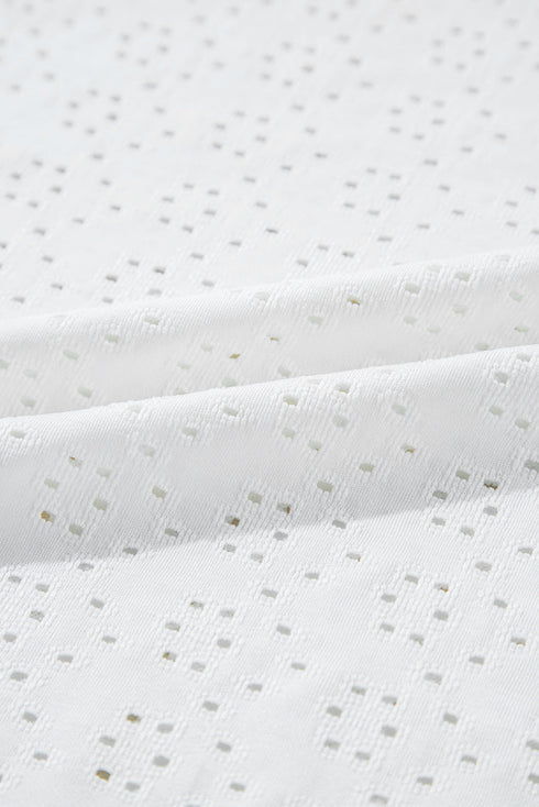 White Eyelet Pattern Boat Neck Casual Tee