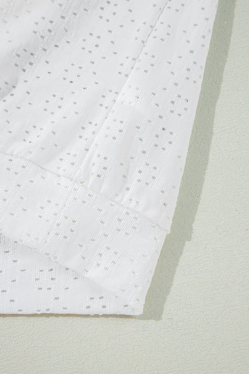 White Eyelet Pattern Boat Neck Casual Tee