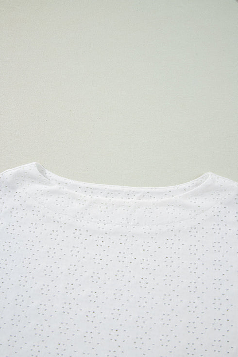 White Eyelet Pattern Boat Neck Casual Tee