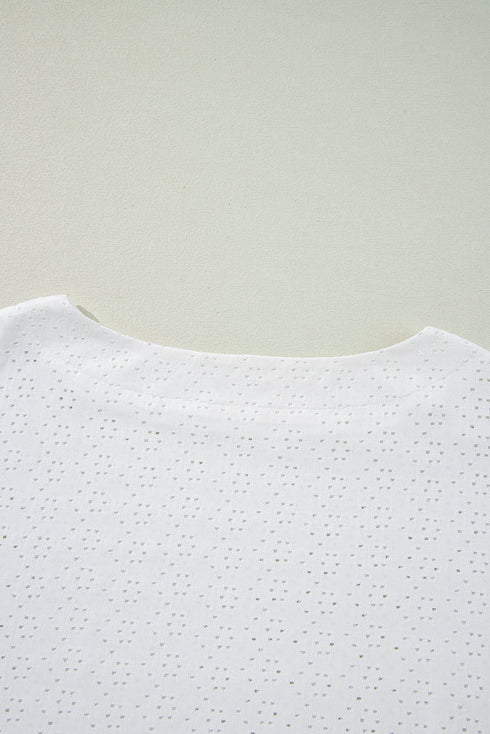 White Eyelet Pattern Boat Neck Casual Tee