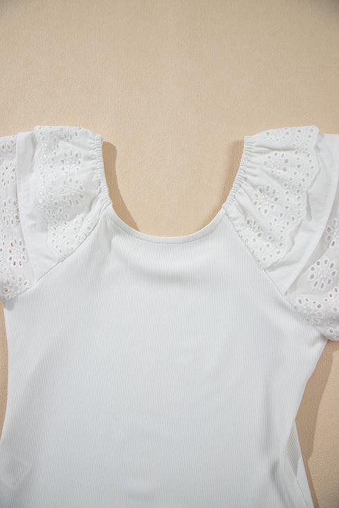 White Eyelet Ruffle Sleeve Slim Fitted Top