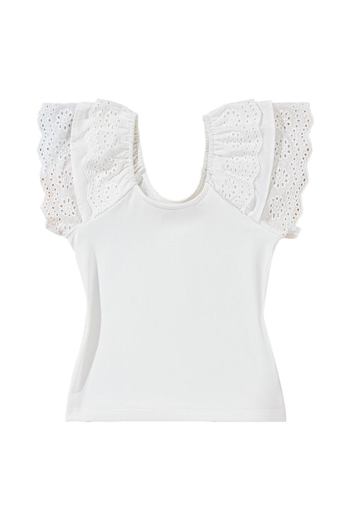 White Eyelet Ruffle Sleeve Slim Fitted Top