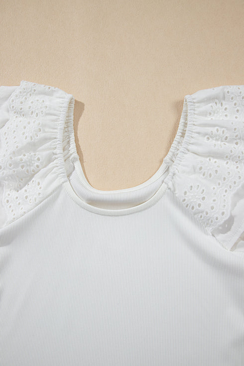 White Eyelet Ruffle Sleeve Slim Fitted Top