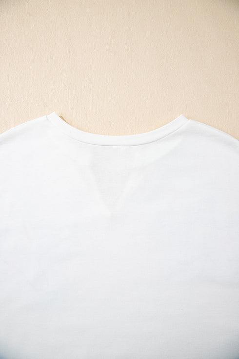 White Floral Applique Notched V Neck Dolman Sleeve Top