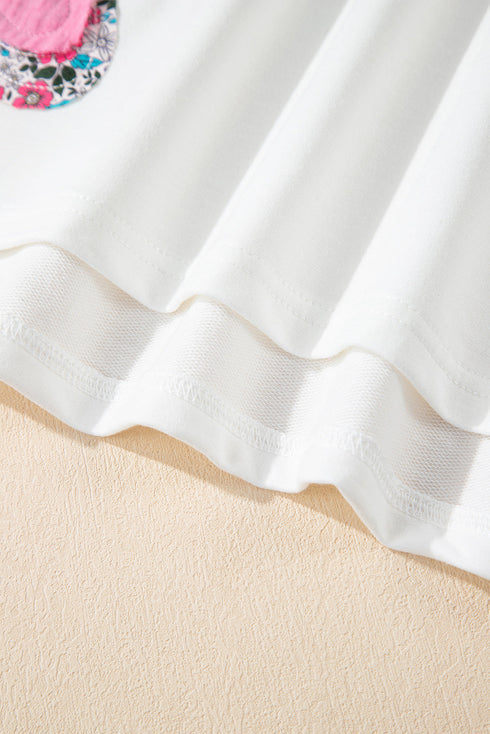 White Floral Applique Notched V Neck Dolman Sleeve Top