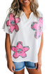 White Floral Applique Notched V Neck Dolman Sleeve Top