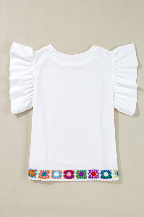 White Floral Crochet Patched Ruffled Sleeve Crewneck Blouse