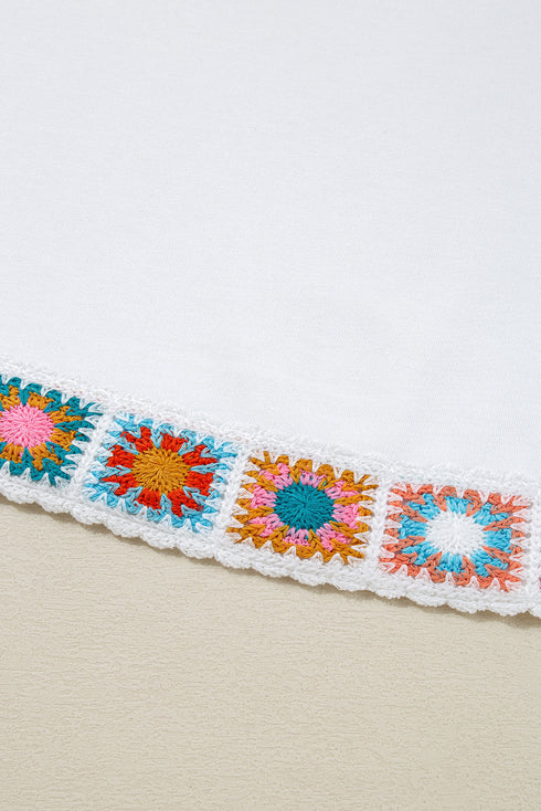 White Floral Crochet Patched Ruffled Sleeve Crewneck Blouse