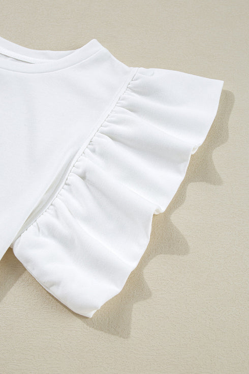 White Floral Crochet Patched Ruffled Sleeve Crewneck Blouse