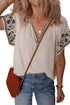 White Floral Embroidered Short Sleeve V Neck Blouse