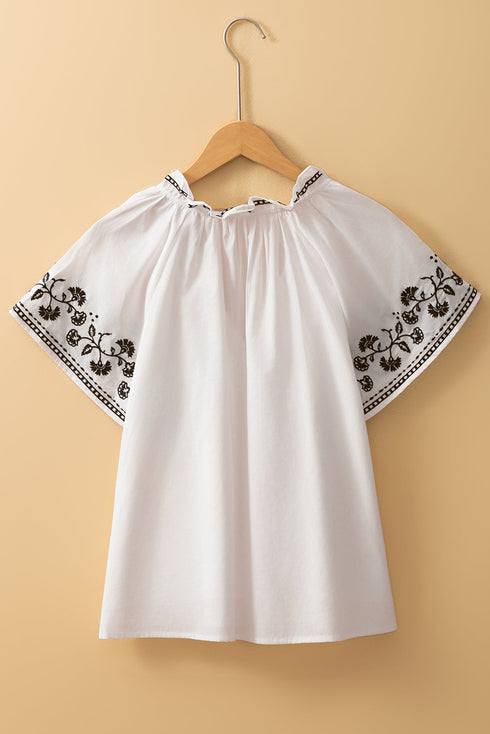 White Floral Embroidered Short Sleeve V Neck Blouse