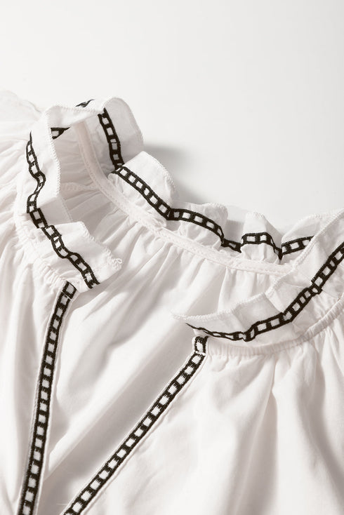 White Floral Embroidered Short Sleeve V Neck Blouse