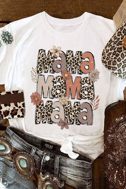 White Floral Leopard MaMa Graphic Mothers Day T Shirt