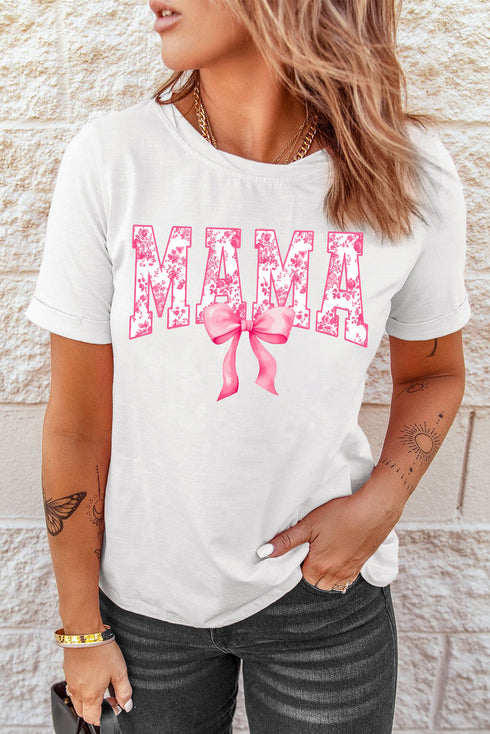 White Floral MAMA Lettering Bow Printed T Shirt