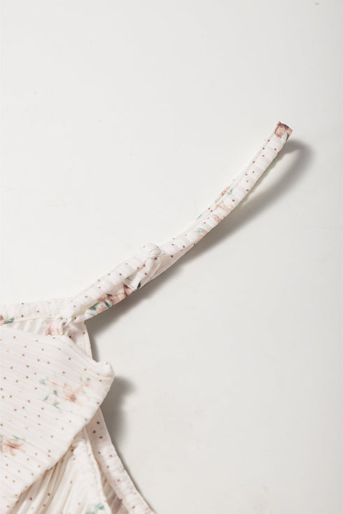 White Floral Pleated Big Bow Back Spaghetti Straps Tank Top