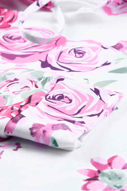 White Floral Print Criss-Cross Cold Shoulder Hoodie