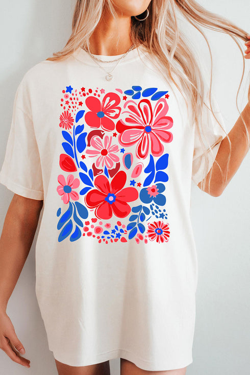 White Floral Print Half Sleeve Round Neck Oversized Tee