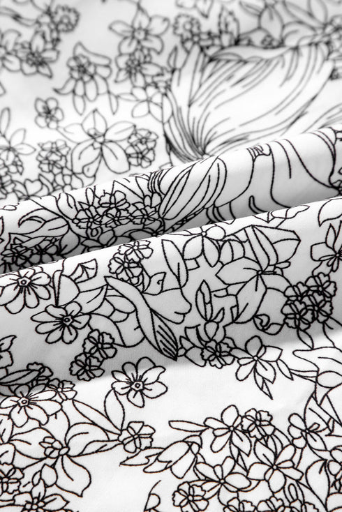 White Floral Print Pipping Trim Flutter Sleeve Mini Dress