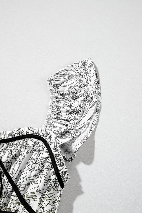 White Floral Print Pipping Trim Flutter Sleeve Mini Dress