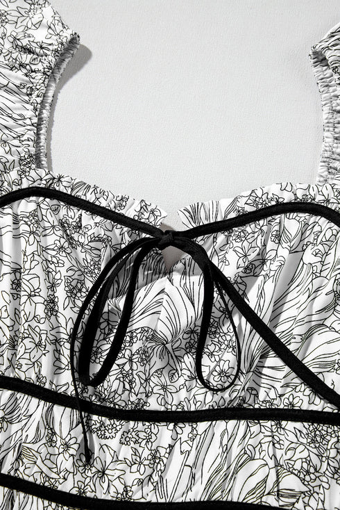 White Floral Print Pipping Trim Flutter Sleeve Mini Dress