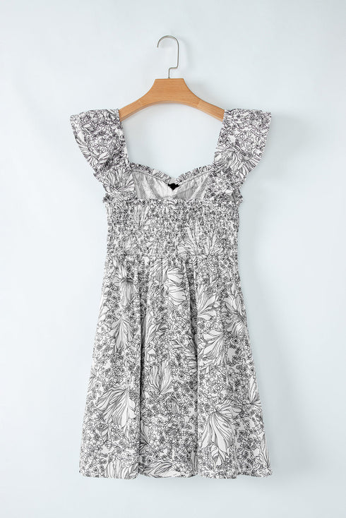 White Floral Print Pipping Trim Flutter Sleeve Mini Dress