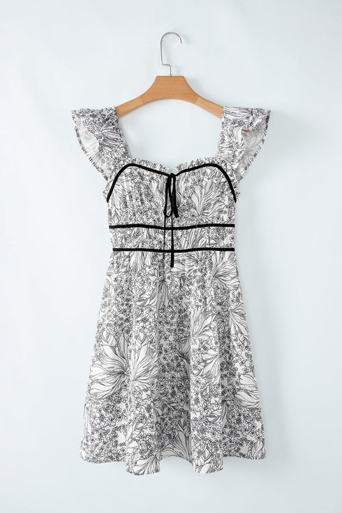 White Floral Print Pipping Trim Flutter Sleeve Mini Dress