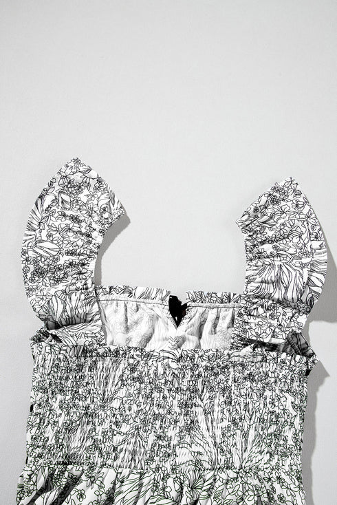 White Floral Print Pipping Trim Flutter Sleeve Mini Dress