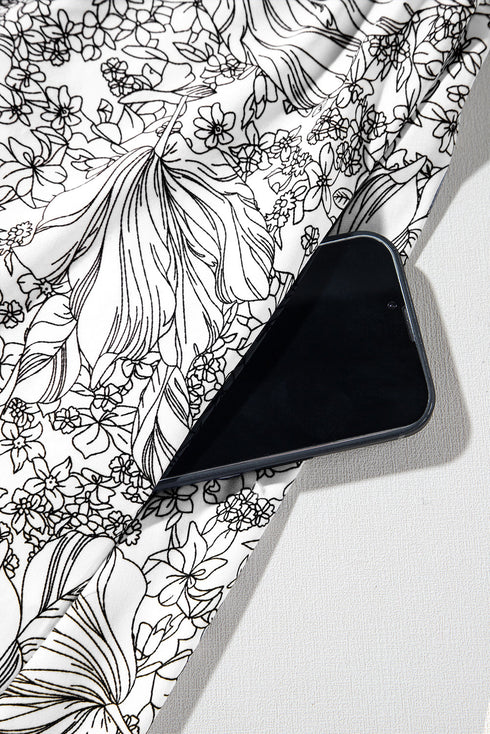 White Floral Print Pipping Trim Flutter Sleeve Mini Dress