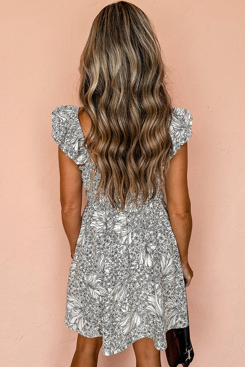 White Floral Print Pipping Trim Flutter Sleeve Mini Dress