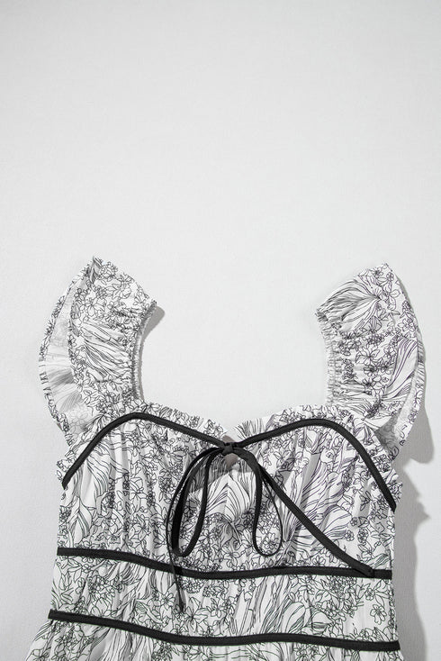 White Floral Print Pipping Trim Flutter Sleeve Mini Dress