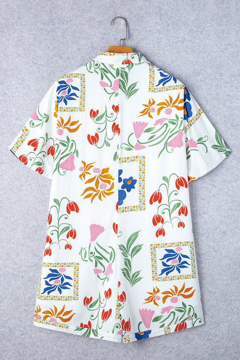 White Floral Print Split Neck Pocketed Shirt Collar Romper