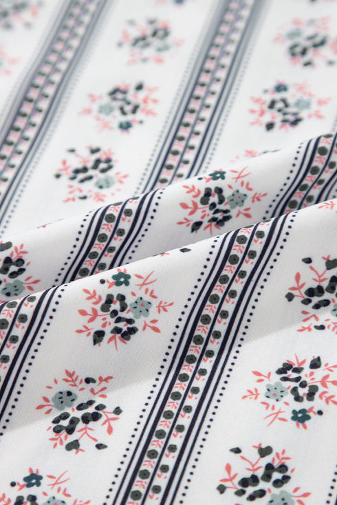 White Floral Ruffled Collar Short Puff Sleeve Printed Blouse