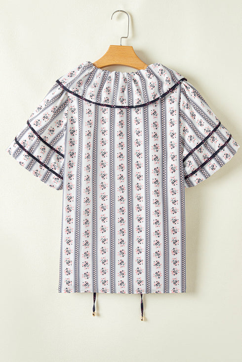 White Floral Ruffled Collar Short Puff Sleeve Printed Blouse