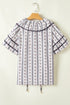 White Floral Ruffled Collar Short Puff Sleeve Printed Blouse