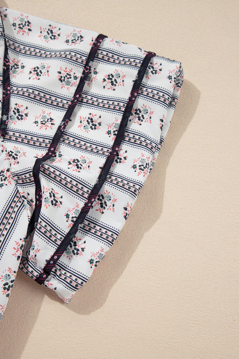 White Floral Ruffled Collar Short Puff Sleeve Printed Blouse