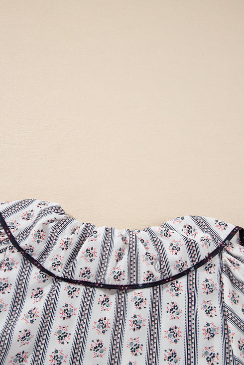 White Floral Ruffled Collar Short Puff Sleeve Printed Blouse