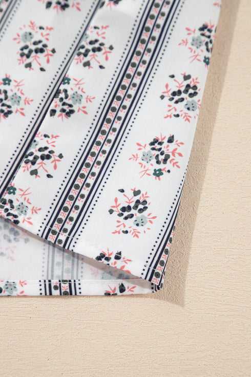 White Floral Ruffled Collar Short Puff Sleeve Printed Blouse