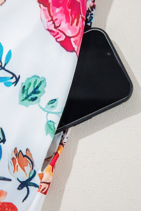 White Floral Square Neck Puff Sleeve Flowy Plus Size Midi Dress