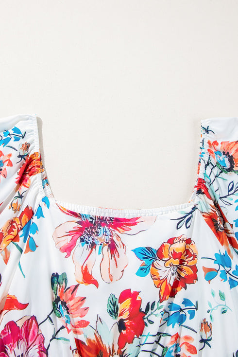 White Floral Square Neck Puff Sleeve Flowy Plus Size Midi Dress