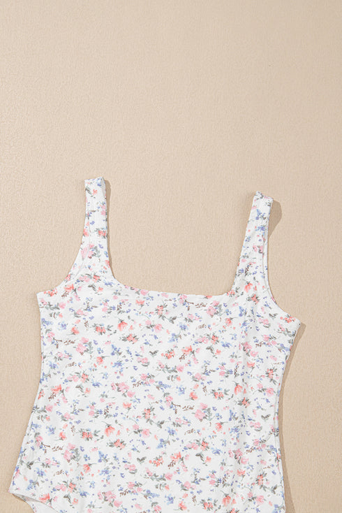 White Floral Textured Square Neck Sleeveless Bodysuit