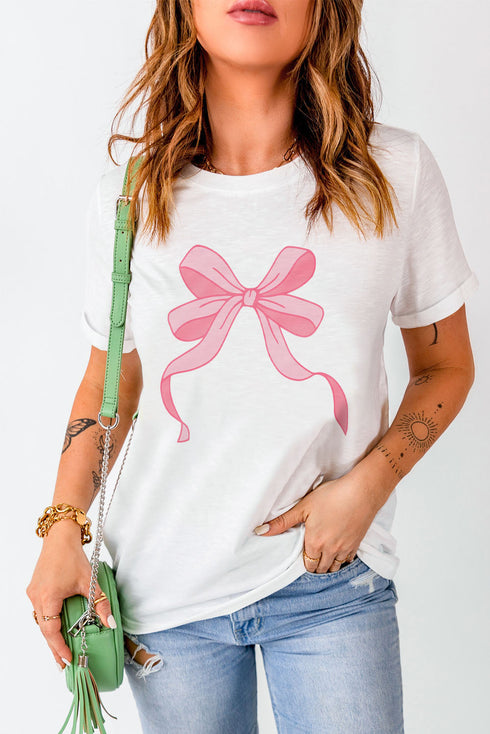 White Flowing Bow Knot Print Round Neck Casual Tee