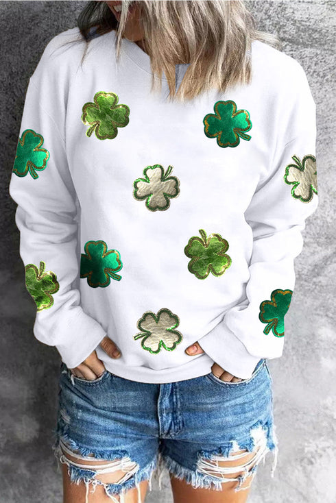 White Four Leaf Clover Patched Graphic St Patricks Sweatshirt