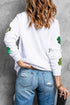 White Four Leaf Clover Patched Graphic St Patricks Sweatshirt