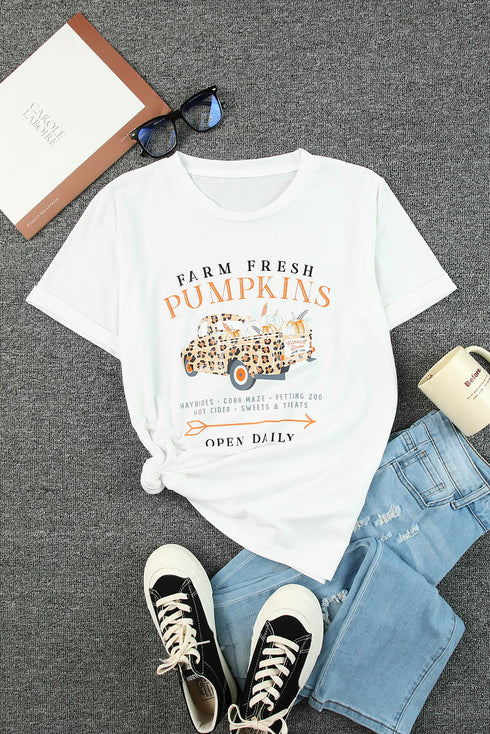 White Fresh Pumpkins Leopard Truck Graphic Tee