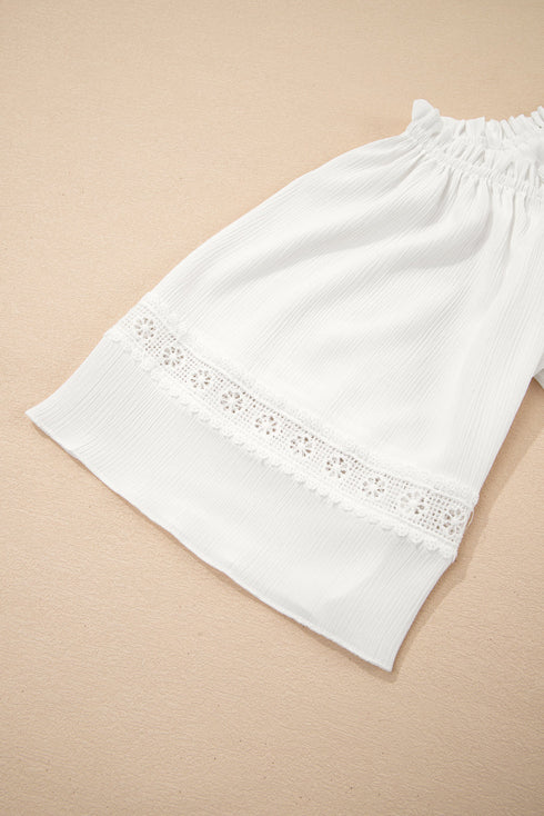 White Frilly Off Shoulder Lace Insert Sleeve Textured Blouse