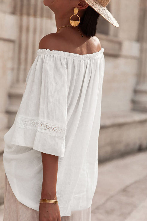 White Frilly Off Shoulder Lace Insert Sleeve Textured Blouse