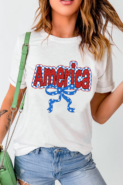 White Funky America Letter Bow Printed T Shirt