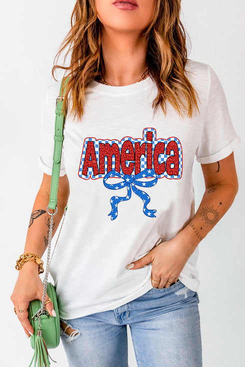 White Funky America Letter Bow Printed T Shirt