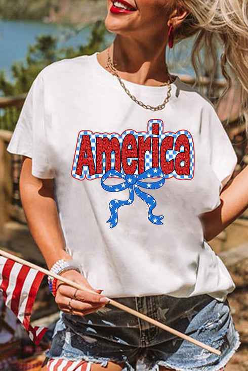 White Funky America Letter Bow Printed T Shirt